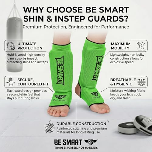 Be Smart Kids, Adults, Youth, Men and Women Muay Thai MMA Kickboxing Shin Guards, Instep Guard Training, Sparring Protective Gear Equipment Shin Kick Pads - color: Green, size: XXS ( 9 to 13 Years )