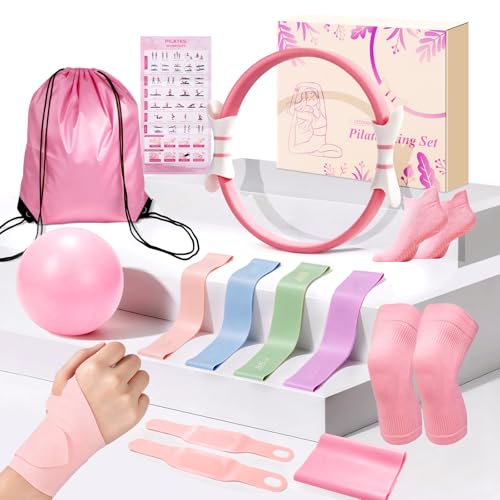 Women's Pilates Ring Set with Knee and Wrist Brace, 14in | Knee & wrist Brace protect joints. Ball, band(15-50lbs), socks, strap, bag, pump, guide. Durable, portable, lifetime support. - size: Medium