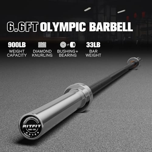 RitFit Elite 7ft Olympic Barbell, Robust 45lb Barbell for Weightlifting and Powerlifting, Superior Olympic Bar with Exceptional 500lbs Load Capacity, Weight Bar for 2” Standard Plates - color: Silver/Black, size: 6.6 ft 900 lb 33 lb without Collar