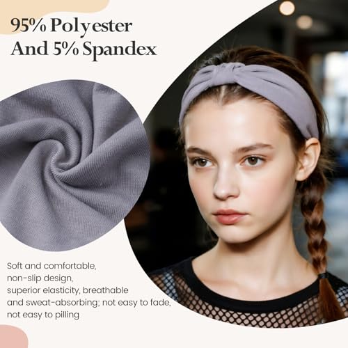 HSEM Headbands for Women, Wide Elastic Head Bands, Non-Slip Thick Hair Bands, Sports Stretchy Sweat Bands, Large Knotted Soft Headband for Washing Face, Makeup, Workout, Spa, Running, Fashion, 6-Pack - color: Grey/Navy/Brown/White/Pink/Black