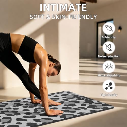 ILILI Yoga Mat Leopard Print Yoga Mat 8mm, Suede & TPE Thick Exercise Mat, Workout Mat for Women Men, 72''x25'' Fitness Mat with Strap for Home Gym, Yoga, Pilates, Stretching - color: Grey
