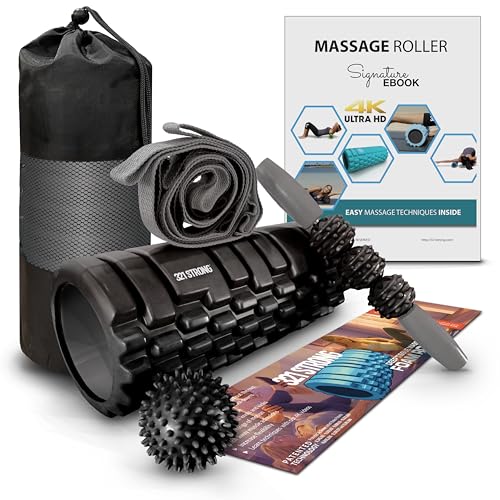 321 STRONG 5 in 1 Foam Roller Set with Hollow Core Deep Tissue Massager, Muscle Roller Stick, Stretching Strap, Spikey Plantar Fasciitis Ball, and Carry Bag, with 4K eBook - color: Bold Black