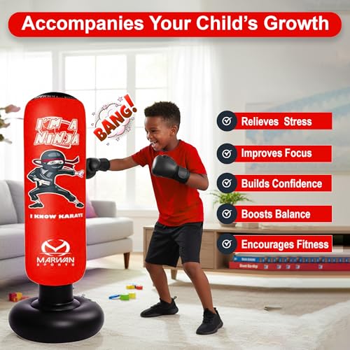Marwan Sports Ninja Kids Punching Bag — Inflatable Sensory Toy & Birthday Gift for Boys & Girls Ages 4-12, 63" Freestanding 5-in-1 Kit, Indoor Apartment-Quiet Sensory-Friendly Active Play - color: Red (5 in 1)