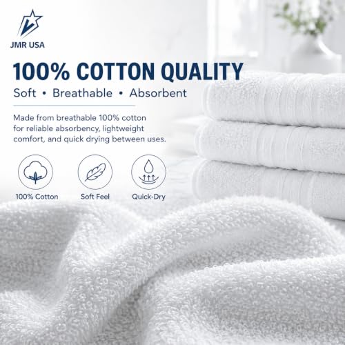JMR White Bath Towels Bulk Pack of 12 (20x40) - 100% Cotton Lightweight & Quick-Dry Cotton Towels for Hotel, Rental Properties, Gym & Commercial Uses - color: White-12 Pcs, size: 20X40