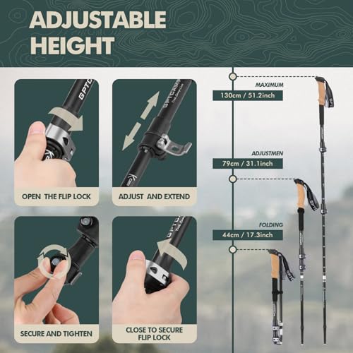 GPTCAMP Walking Sticks,Trekking Poles Collapsible Hiking Poles,Lightweight Folding Travel Walking Pole for Men Women,2pc Adjustable Hiking Stick with EVA Foam Grips for Backpacking - color: Black