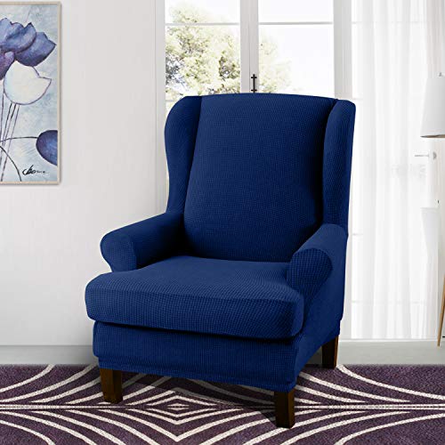 Granbest Premium Water Repellent Wingback Chair Cover 2-Piece High Stretch Jacquard Fabric Wing Back Chair Slipcovers (Wing Chair Cover, Navy Blue) - color: Navy Blue