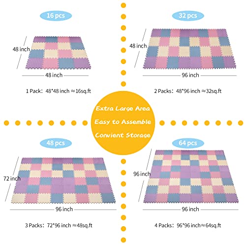 Foam Play Mat for Baby, EVA Non-Toxic Interlocking Floor Mats, Solid Colored Foam Puzzled Floor Mats, Baby Play Mat Exercise Mats, 16 Tiles(Beige/Pink/Purple/Gray Blue) - color: Beige/Pink/Purple/Gray Blue, size: 16 Pcs/47.2*47.2