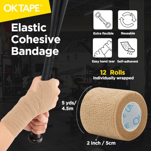 OK TAPE 12 Rolls Self Adhesive Bandage Wrap, Elastic Athletic Tape, Self Stick Bandage Tape, Vet Wrap, Medical Wrap for Wrist, Feet, 2" x 5 Yards - Beige - color: Beige, size: 2 Inch