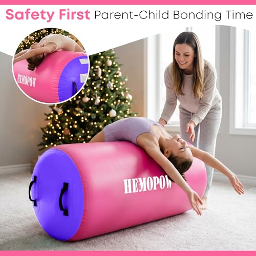 Inflatable Gymnastics Air Barrel Roller with Electric Pump, Heavy Duty PVC Tumbling Barrel Back Handspring Trainer, Air Tumble Track Mat for Home Gym, Cheerleading, Yoga Practice - color: Pink & Purple, size: 4'L x 2.5'D