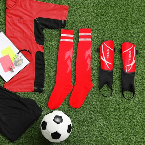 Soccer Shin Guards and Socks Kids Youth Lightweight Soccers Pads Defender with Ankle Protection Ski Shin Guards Football Equipment for Age 4-14 Toddler Boy Girl - color: Red, size: Small