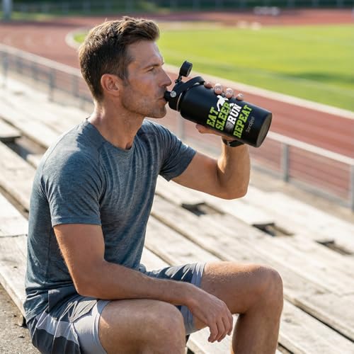 SANDJEST Running Insulated Stainless Steel Water Bottle 32oz, Eat Sleap Run Repeat, Vacuum Chug Lid Travel Tumbler for Men Friends Dad Brothers Runners, Gift for Birthday Christmas - color: Running