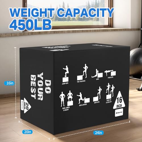 Zoomster 3-in-1 Foam Plyometric Box, Heavy-Duty Soft Plyo Jump Box with 450lbs Capacity, Reinforced Thick PVC & High-Density EPE Foam for Box Jumps, Home Gym, HIIT & Strength Training - size: 16 X 20 X 24inch