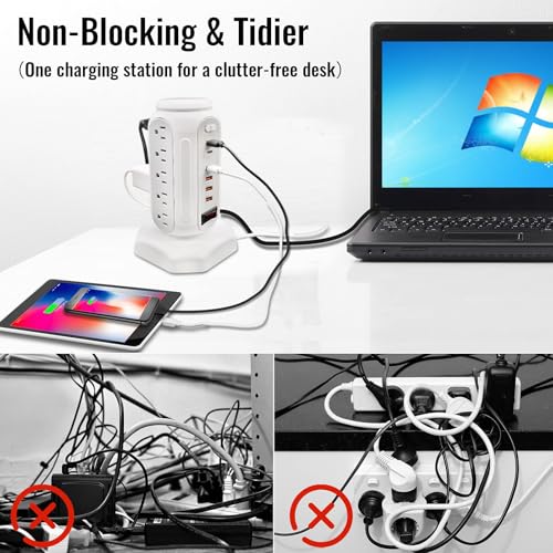 Power Strip Tower 15 Outlets 6 USB Ports, Surge Protector with Colorful Led-Light & PD 30W USB-C Fast Charger, Desktop Charging Station with 6.5ft Heavy Duty (White) - style: PD-30W-WHITE