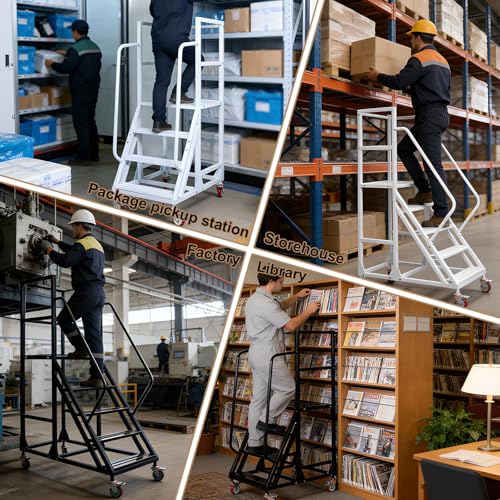 6 Step Rolling Warehouse Step Ladder, Industrial Mobile Staircase on Wheels, 1100Lbs Weight Capacity, Heavy Duty Mobile Platform Ladder with Handrails, Suitable for Warehouse, Library (White, 6 steps) - color: White