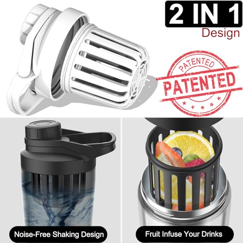 Greatyos Stainless Steel Shaker Bottle with Noise-Free Design - Patented 24 oz Insulated Metal Shakers Bottles Cup for Protein Mixes and Pre Workout 100% Leak Proof (White) - color: White
