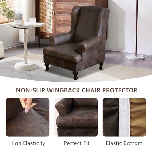 ANARACHON Leather Look Wingback Chair Covers, 2-Piece Wing Chair slipcover,Stretch Wing Back Armchair Slipcovers with Elastic Bottom, Soft Spandex FurnitureProtector for Living Room (Brown #2) - color: Brown #2