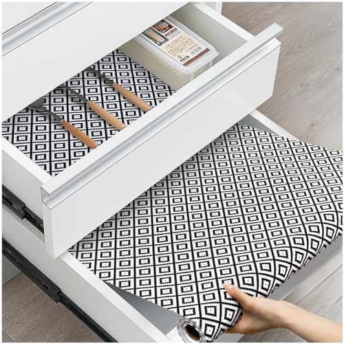 Drawer and Shelf Liner, Non-Slip Kitchen Cabinet Liners Non-Adhesive Thick Strong Grip Waterproof Washable Mats Protect Dresser Shelves Cupboard Bathroom Cabinets, Black & White, 12 in X 10 FT - color: Black and White, size: 11.8"W x 118"L