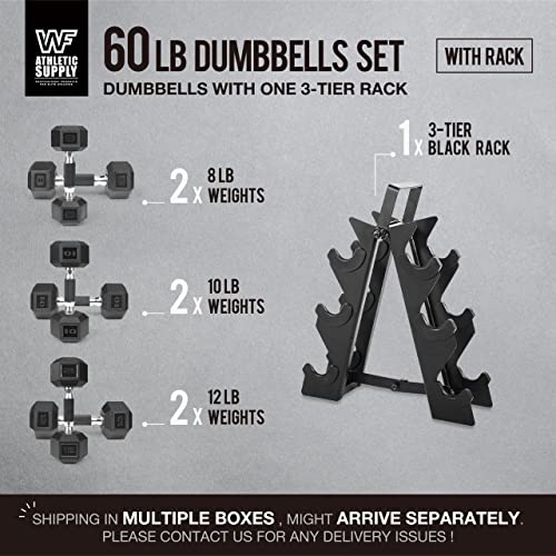 WF Athletic Supply Rubber Encased Hex Dumbbells with Rubber Grip Contoured Handle for Muscle Toning, Strength Building & Full Body Workout - color: o. 8LB, 10LB and 12LB Pair w/ 3-Tier Rack
