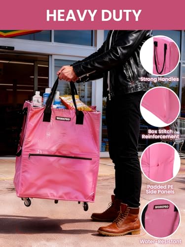 WORKPRO Large Rolling Grocery Bag, 36-Gallon Rolling Tote with 5 Wheels | Reusable Grocery Bag on Wheels, Holds Up to 110 lbs, Heavy Duty Rolling Tote for Groceries, Laundry, Moving & Storage - color: Pink, size: Large