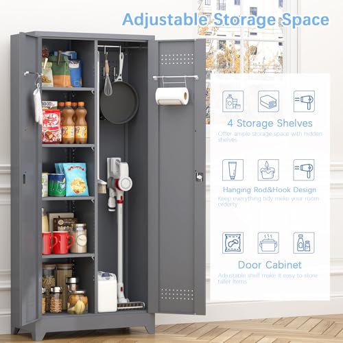 IRONFFICE Metal Garage Storage Cabinets,Metal Broom Closet Storage Cabinet,Utility Cabinets for Brooms and Mops,Steel Tall Cabinet with Shelves for Laundry Room,Bathroom,Home,Grey - size: 72"H x 31.5"W x 15.74"D-Grey