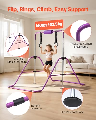 VEVOR Gymnastic Bars for Kids, 140 lbs Capacity Folding Training Kip Bar with Mat, 5 Adjustable Height Gymnastic Horizontal Bar Home, Training Equipment for Indoor Outdoor, Easy Assemble - color: Purple
