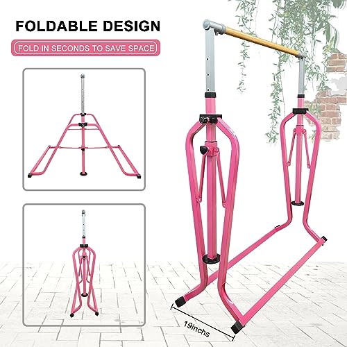 Foldable & Moveable Gymnastics Horizontal Bar with Rings,3’to 5’Adjustable Height Expandable Junior Kip Bar for Home,Indoor Gym Equipment for Kids - style: Foldable Light Pink with Rings