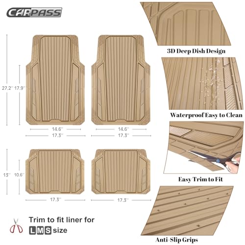 CAR PASS Heavy Duty Sporty Rubber Car Mats, Deep Dish All Weather Car Floor Mats Full Set, Waterproof Anti-Slip Automotive Matts Rugs Trim to Fit for Most Sedans SUVs, 4-Piece All Beige - color: beige
