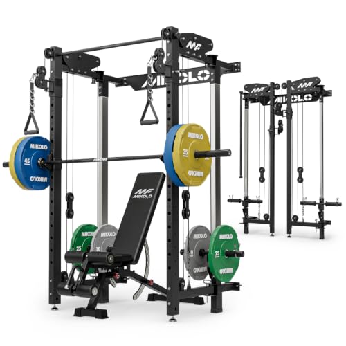 Mikolo Folding Squat Rack, Wall Mounted Power Rack with Cable Crossover Machine & LAT Pull Down, Functional Trainer with 5 Adjustable Function Modes, Home Gym Package - color: Black, size: CHEETAH Essential Pack