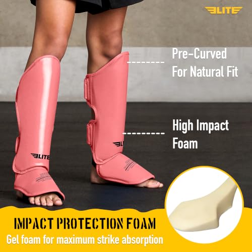 Elite Sports Muay Thai MMA Kickboxing Boys and Girls Shin Guards for Age 4 to 14 Years, Instep Guard Sparring Protective Leg Shin Kick Pads for Kids - color: Pink, size: Medium