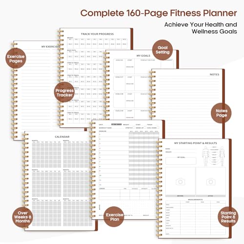 Fitness Workout Journal for Women & Men, A5(5.5" x 8.2") Workout Log Book Planner for Tracking, Progress, and Achieving Your Wellness Goals-Rust Brown - color: h.Rust Brown