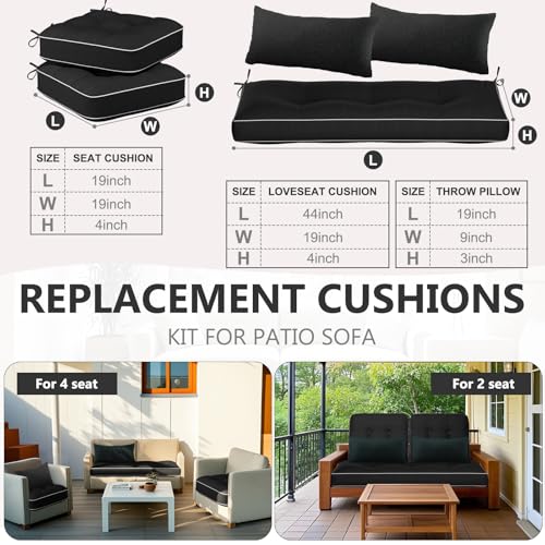 Chunful Set of 5 Outdoor Bench Cushions Set 44 x 19 Inch Tufted Waterproof Patio Furniture Seat Pad with Throw Pillows Loveseat Cushion for Square Settee Indoor Sofa Wicker Couch(Black) - color: Black