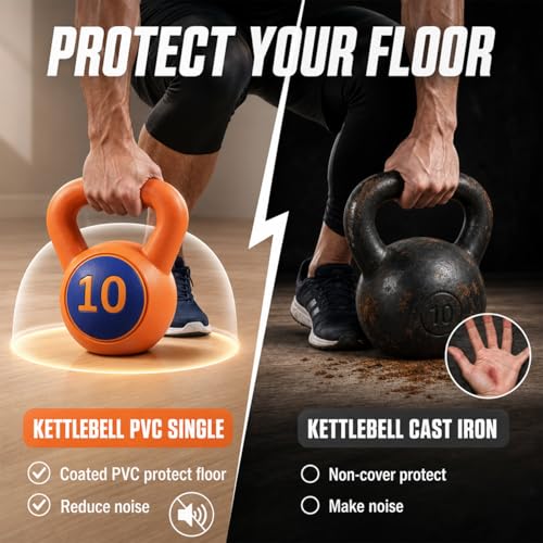 Single Kettlebells, Coated Cast Iron Kettlebell Weights with Wide Grip Handle & Flat Bottom, Strength Training Equipment for Swings, Squats, Deadlifts, Push-Ups & Home Gym Workouts - color: Orange-10 LB