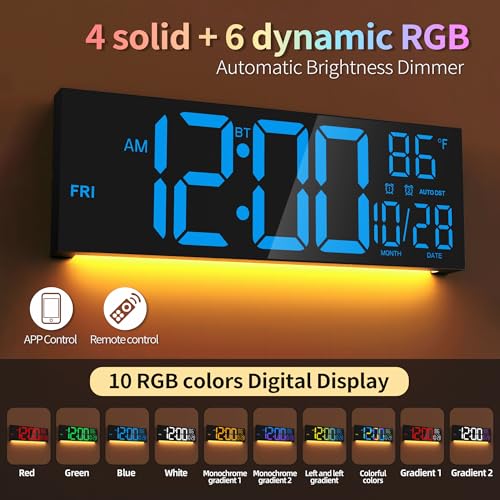 16.5" Digital Wall Clock with Bluetooth Auto-Sync, Large LED Display, Smart Auto Dimming, DST, Remote Control, Night Light, Date & Temperature for Living Room,Black - color: Balck-blue