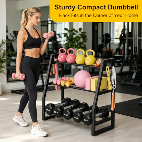 Heavy Duty 3-Tier Dumbbell Rack, 600 LBS Capacity Adjustable Weight Rack for Kettlebells & Dumbbells, One-Piece Solid Steel Home Gym Storage Stand, Space-Saving Corner Organizer with Hooks (32" H x 31.5" L)