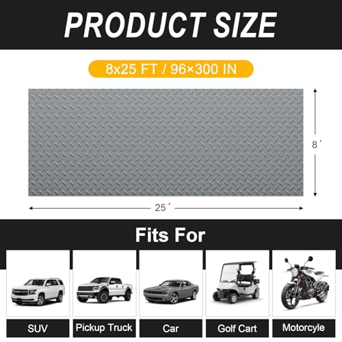 Grandroad auto 8x25 FT Garage Floor Mat, 2.8mm Thickened Flooring Roll for Under Car Diamond Plate PVC Rubber Mat with 20 Pcs Tapes, Non-Slip Floor Mat for Garage, Warehouse, Gyms, Trailer, Gray - color: Grey, size: 8×25FT