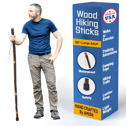 Handmade Wooden Walking Cane for Men Women Seniors with Genuine Leather Wrist Strap for Hiking, Walking and Outdoor Trekking - Made in USA - size: 55" - Large Adult, style: Ole Hickory