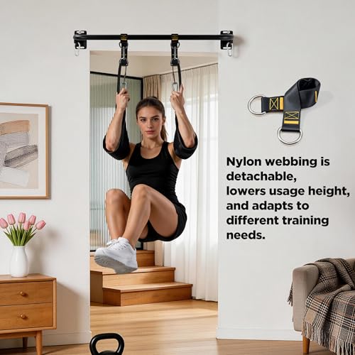 Wall Mounted Pull Up Bar with Hanging Ab Straps, Carbon Steel Chin Up Bar with 8mm Steel Plates, Adjustable Oxford Cloth Ab Sling Straps for Pull Ups, Knee Raises, Leg Raises, Home Gym Training（Black- Ab Straps） - color: Black- Ab Straps