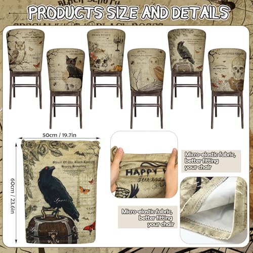 Moukeren 6 Pcs Gothic Chair Cover Set Gothic Halloween Decor Stretch Dining Chair Back Covers Skeleton Black Cat Bat Owl Seat Covers Horror Home Farmhouse Dining Seat Protector for Kitchen Decor - style: Gothic