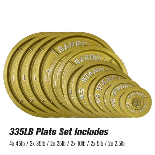 Gold Finish Olympic Steel Plates - Pairs and Sets 2 Inch Barbell Standard in Premium Gold for Weight Lifting - color: 335lb Set