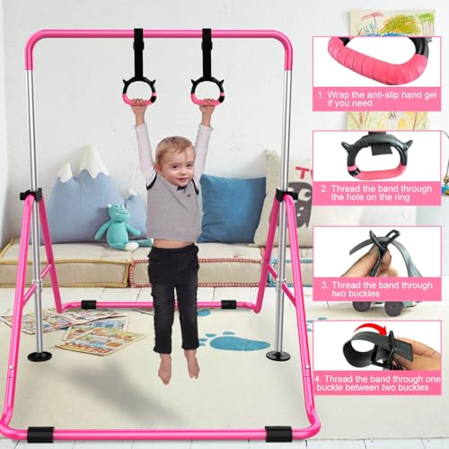 Tepemccu Gymnastics Bars, Adjustable Gymnastic Horizontal Bars for Kids | 5-Height Adjustable 34.8"-50.8", Foldable for Home Training, Include Children Gymnastics Rings and Bar Pad, Indoor Outdoor - color: Pink with mat