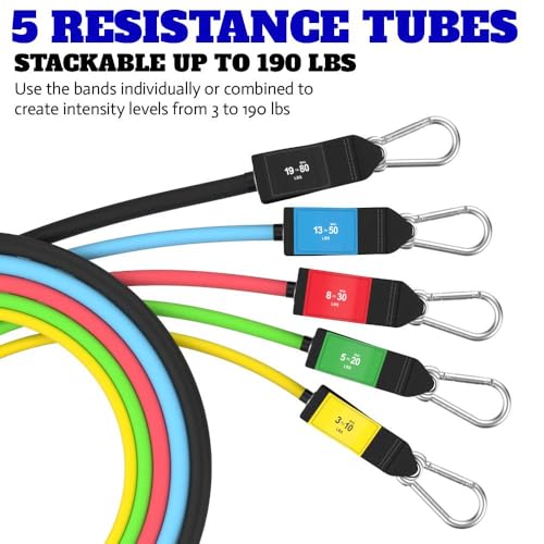 Bodylastics Patented Basic Series Resistance Band Set - Resistance Bands with Snap Reduction Tech, 2 Handles, 2 Ankle Straps, 1 Door Anchor & 1 Carry Bag - color: PRO 3-190 LBS Set Assorted