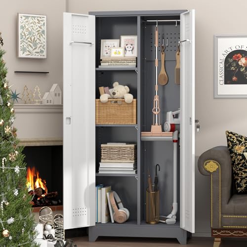 IRONFFICE Metal Garage Storage Cabinets,Broom Closet Storage Cabinet with Doors and Shelves,Tall Utility Closet Cabinet with Pegboard,Laundry Cabinet for Garage,Warehouse,Home,Basement,Grey-White - size: 15.74"D x 23.62"W x 65"H-Grey/white
