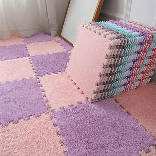 12pcs Carpet Squares Puzzle Floor Mat, Plush Interlocking Carpet Tiles, Anti Slip EVA Foam Jigsaw Floor Tiles, Build A Safe Area for Bedroom Playroom (Pink+Purple) - color: Pink+purple