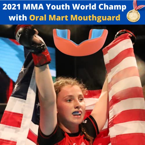 Oral Mart Youth Sports Mouth Guard for Kids (USA Flag, Fangs, 20+ Colors to Choose from) Mouthguard for Football, MMA, Karate, Boxing, Rugby, BJJ, Flag Football – /w Case (Youth, Strapless) - color: Orange / Blue