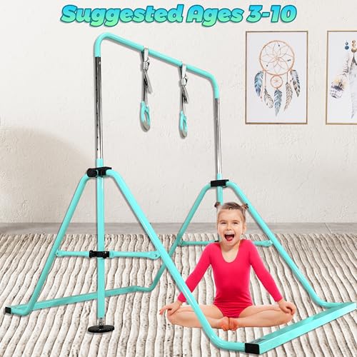 Folding Gymnastics Bar with Rings, Foldable Kip Bar with Sturdier Base, Training Bar for Kids Ages 3-10, Horizontal Bar, Home Gym Equipment for Boy Girl - color: Teal, style: Foldable Bar