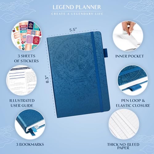 Legend Wellness Planner & Food Journal – Daily Diet & Health Journal with Weight Loss, Measurement & Exercise Trackers – Lifestyle & Nutrition Diary – Lasts 6 Months, A5 size – Mystic Blue - color: Mystic Blue Debossed, size: A5 (5.8” x 8.3”)
