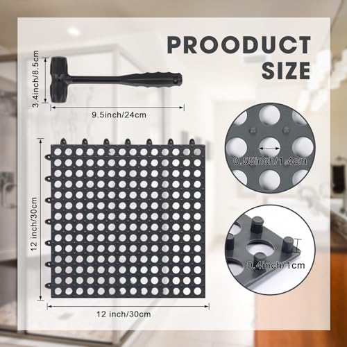 Drydiet 8 Pack Drainage Tiles Modular Interlocking Floor Tiles with 1 Pc Plastic Hammer 12" x 12" Cushion Mat Non Slip Rubber Floor mat with Holes for Pool Bathroom Deck Kitchen Patio (Black) - color: Black