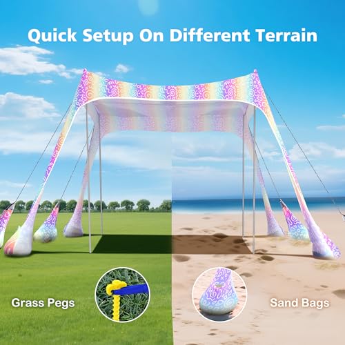 2PM SPORTS Beach Tent Sun Shelter 10x10 FT - UPF 50+ UV Protection, 8 Sandbags, Easy Setup, Portable Beach Shade Canopy for Family Picnic Camping Travel - color: Rainbow