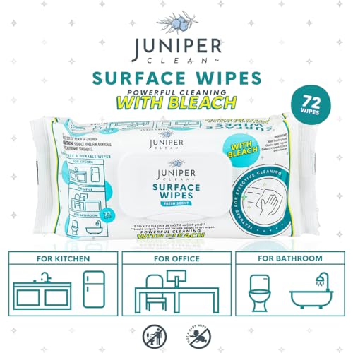 Juniper CLEAN 3 Pack Surface Cleaning Wipes with Bleach, All-Purpose Cleaner for Bathroom, Kitchen, Office, 216 Count Soft Flow, Fresh Scent, Lint Free & Durable - size: 72 Count (Pack of 3)