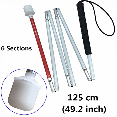 Aluminum Mobility Folding White Cane for Vision Impaired and Blind People (Folds Down 6 Sections) (125cm (49.2inch), Black Handle) - color: Black Handle, size: 49.2 Inch (Pack of 1)